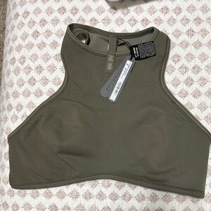 Nike Olive Ribbed High-Neck Crop Sports Bra